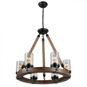 6-Light Retro Wooden Chandelier Industrial Style Glass