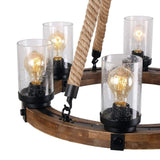 Rustic Farmhouse 6-Light Industrial Chandelier with Rope Hangers and Glass Shades