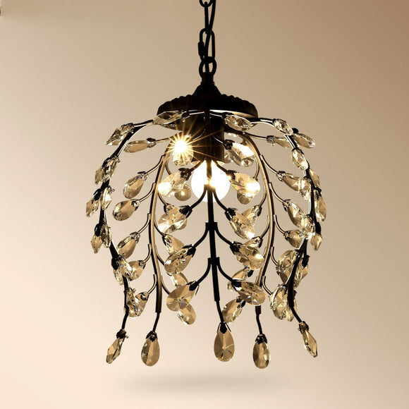 Golden Jade Leaves Classic Crystal Pendant Light Retro Chandelier Living Bed Dining Room Retro Lamp