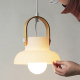 Morden White Milk Glass Wooden Handle Pendant Light