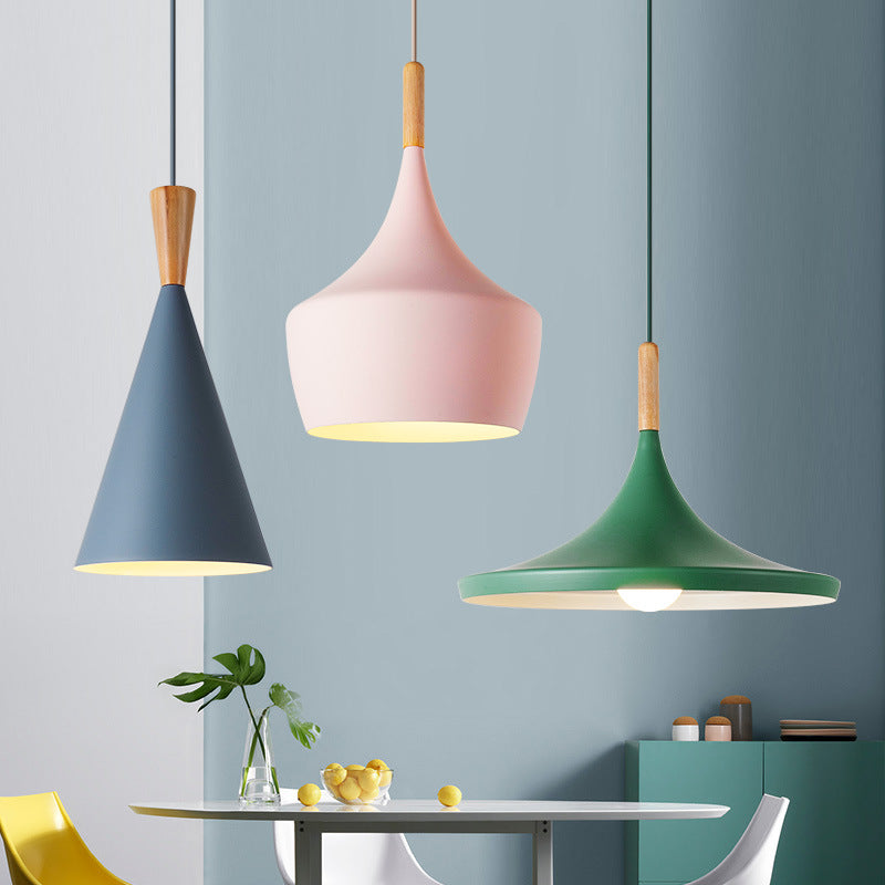 Macaroon Colorful Mini Aluminum Wood Pendant Light Ceiling Lamp Creative Restaurant Lampshade Modern Hanging Lighting E26 E27