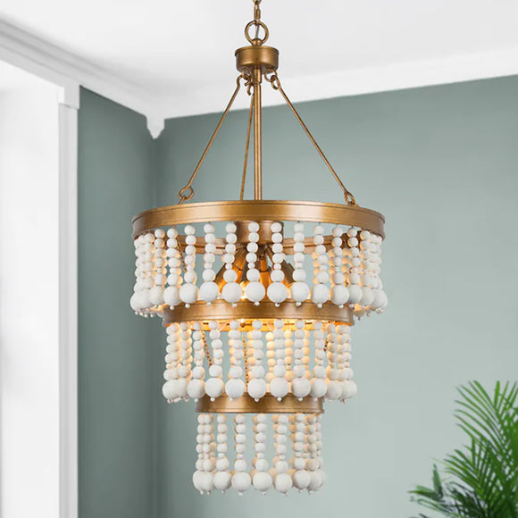 Modern Farmhouse Bohemia  Boho Dining Room Chandelier 8-Light Antique Gold  White Wood Beads