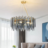 Round Crystal Chandelier Lighting Gold Frosted/Smoke gray Glass Hanging Lamp Living Room Dining Room