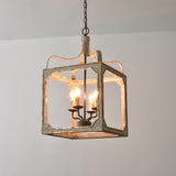 4-Lights Vintage Square Wood Metal Chandeliers Retro Hanging Lamp for Dining Living Room
