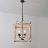 4-Lights Vintage Square Wood Metal Chandeliers Retro Hanging Lamp for Dining Living Room