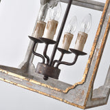 4-Lights Vintage Square Wood Metal Chandeliers Retro Hanging Lamp for Dining Living Room