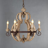 Vintage 6 Lights Wood Chandelier Lighting Retro Iron Candle Hanging Lamp for Dining Living Room Coffee Bar E12/E14