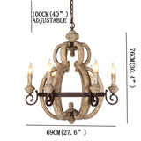 Vintage 6 Lights Wood Chandelier Lighting Retro Iron Candle Hanging Lamp for Dining Living Room Coffee Bar E12/E14