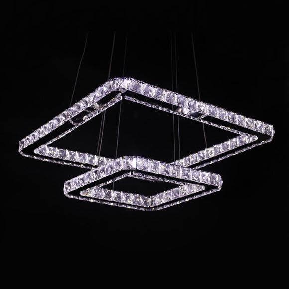 Modern Led Pendant Lamp Stainless Steel 2 Square Rings Chrome Finish Transparent K9 Crystal Led Pendant Lights for Dinning Room - heparts