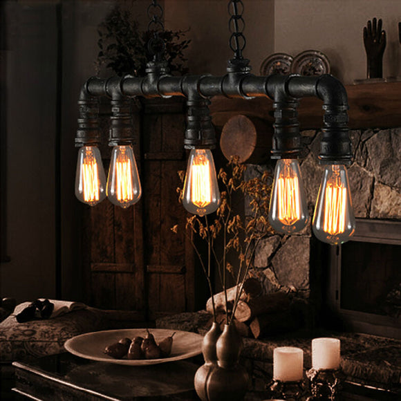 Hot Sell Vintage Water Pipe Pendant Lights Lamps 5 Lights Edison Bulbs Black Painting 110V 220V Dinning Living Study Room Lights - heparts